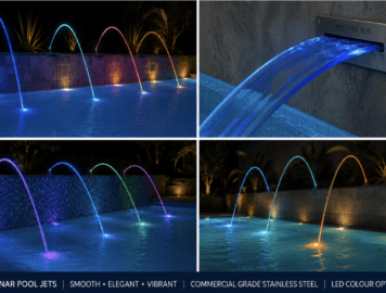 Stainless steel laminar pool jets with colour-changing LED illuminated water arches