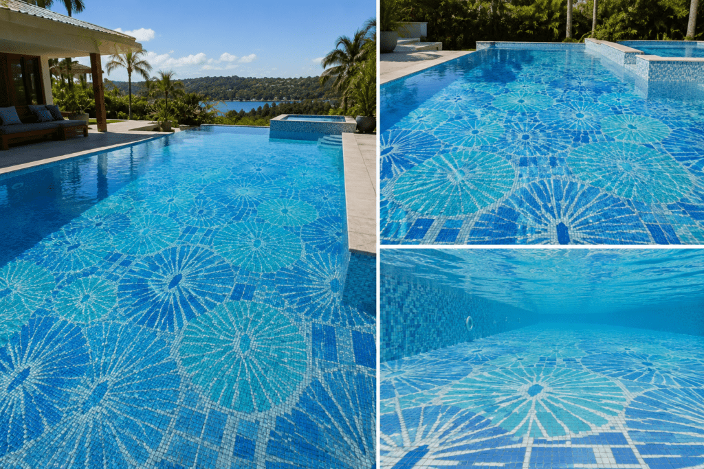 Close-up of custom glass mosaic pattern for Sultan of Oman swimming pool