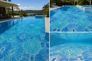 Luxury custom glass mosaic swimming pool commissioned for the Sultan of Oman featuring premium Italian mosaic tiles by Direct Pool Tiles.