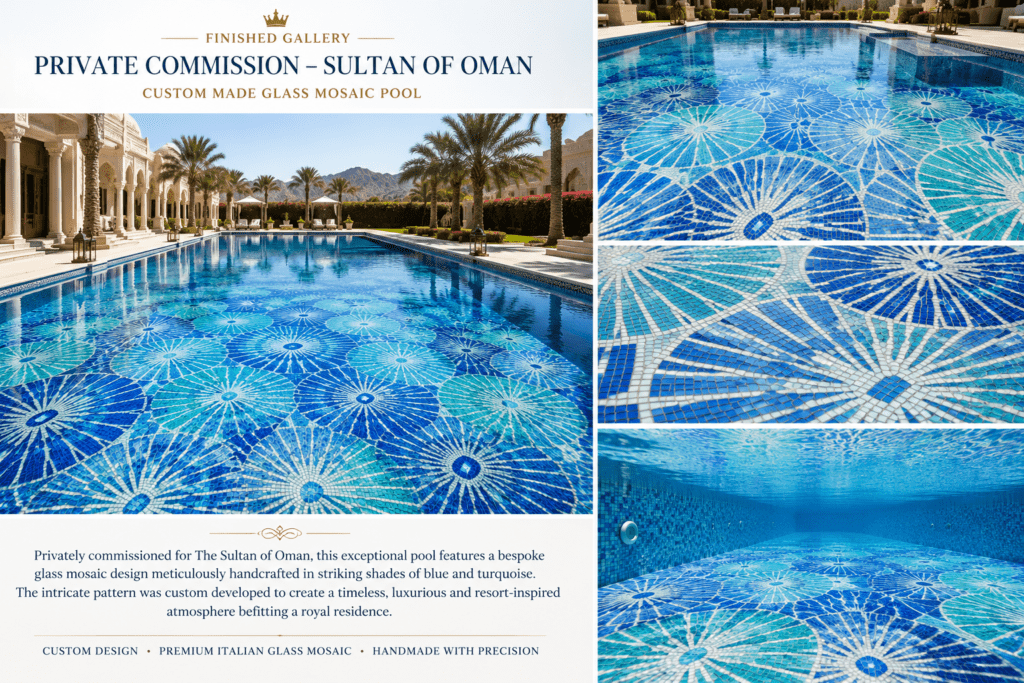 Custom glass mosaic Olympic swimming pool commissioned for the Sultan of Oman