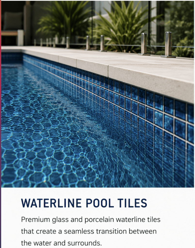 Premium blue glass waterline pool tiles installed around a luxury swimming pool